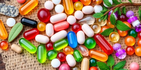 Assorted colorful homeopathic pills, capsules, and herbal supplements on a natural background,  leaf,  natural