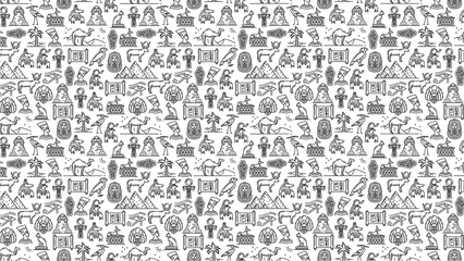 Egyptian themed doodle pattern featuring pyramids pharaohs and various ancient egyptian symbols art