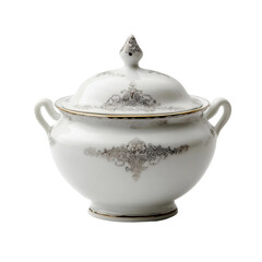 Elegant Porcelain Sugar Bowl: A delicate porcelain sugar bowl with ornate silver detailing and a dome lid.  Perfect for adding a touch of refined elegance to any table setting.