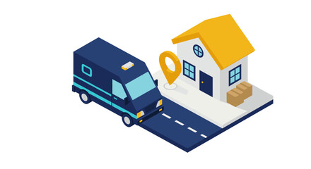 Isometric vector illustration of delivery truck and house for logistics design