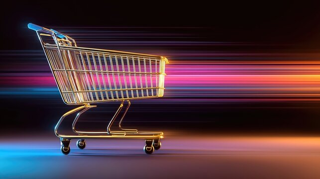 Futuristic golden shopping cart racing with neon motion trails on dark gradient background. Vibrant e-commerce concept with copy space, perfect for online retail, sales promos, and digital marketing