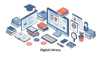 Obraz premium Digital library vector illustration for online learning and education in isometric style