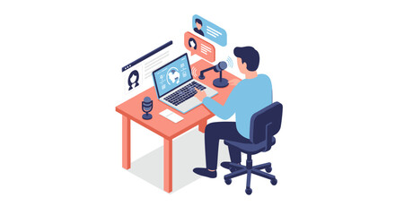 Podcast creation vector illustration: isometric design for digital media communication and broadcast