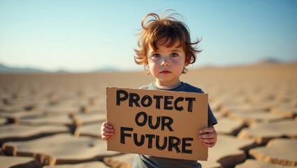 A child holds a “Protect Our Future” sign in a desolate dry field. Problems of the future.