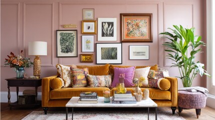 maximalist living room, dusty pink wall, mixed frame gallery, mustard couch, colorful printed pillows, layered textures, soft light