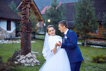 A bride and groom are standing in a grassy field