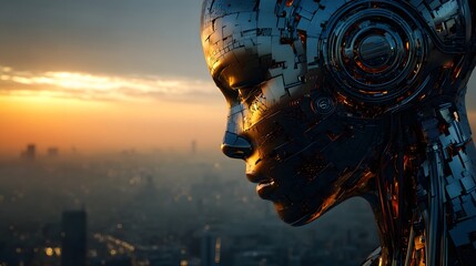 Futuristic Female Android Head with Metallic Surface Against Urban Sunset Skyline perfect for sci-fi book covers, tech industry campaigns, AI concept art, and futuristic movie posters