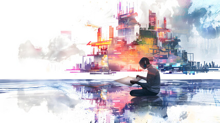 watercolor painting style Floating city architect