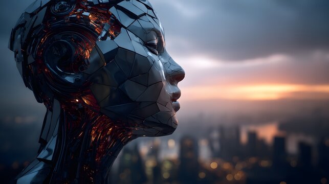 Futuristic Female Android Head with Metallic Surface Against Urban Sunset Skyline perfect for sci-fi book covers, tech industry campaigns, AI concept art, and futuristic movie posters - Powered by Adobe