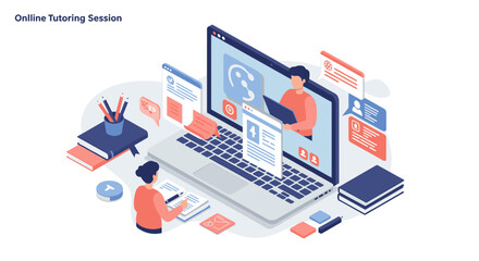 Online tutoring session concept vector illustration in isometric style for educational design