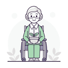 Serene Senior with Potted Plant: An elderly woman, seated in a wheelchair, cradles a potted plant with a small sprout, symbolizing growth, nurturing, and the beauty of life's seasons.