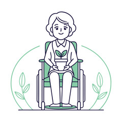 Smiling Woman in Wheelchair with Plant: A cheerful illustration of a woman in a wheelchair, gently holding a small potted plant.  The image evokes feelings of hope, serenity and resilience.