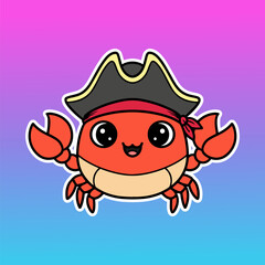 Cute Pirate Crab Cartoon Stickers with Hat and Red Bandana for Kids Design and Sea Decoration