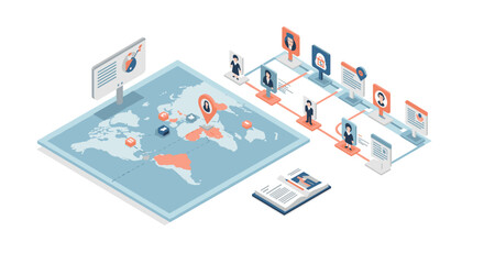 Global business strategy and networking isometric vector illustration for digital content and presentations