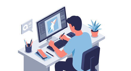 Digital artist workspace vector illustration - creative office design for print and web in isometric style