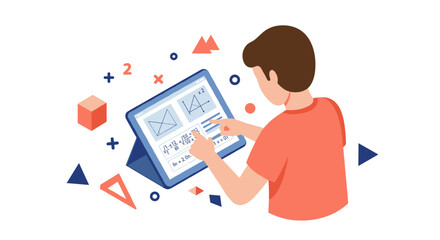 Person using tablet for math learning in modern flat vector illustration style