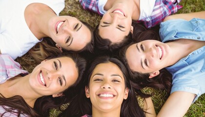 Obraz premium Friends laying outdoors forming a circle while smiling together symbolizing closeness and joyful friendship