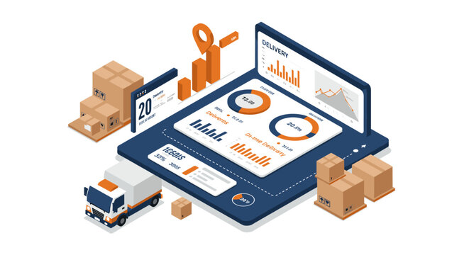Isometric warehouse management vector illustration for logistics efficiency and data analysis