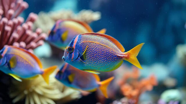 Brightly colored tropical fish swim gracefully among coral formations in an underwater oasis. The vibrant colors and diverse marine life create a stunning aquatic environment filled with activity