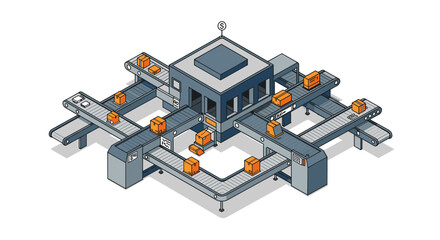 Isometric vector illustration of package distribution on conveyor belt system for logistic and transportation design