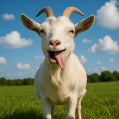 Obraz premium Albern lachende Ziege auf grüner Wiese – freche Grimasse unter blauem Himmel