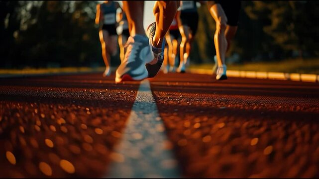 Runners competing on a track at sunset with focus on leading athlete’s legs and motion, symbolizing competition and speed - Powered by Adobe