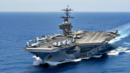 An aircraft carrier is seen moving through calm ocean waters. Several fighter jets are lined up on the deck, preparing for flight operations under a bright sky