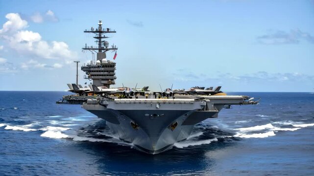 A naval aircraft carrier moves swiftly across the open ocean with military jets lined up on its deck. The sky is clear and the sea is calm, showcasing naval power in action