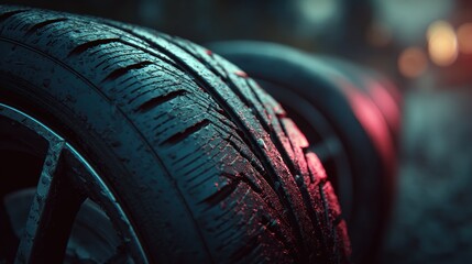 Modern automotive wheels with tires showcasing depth of field and abstract glow