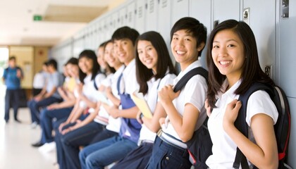 Fototapeta premium Happy students sitting together in school hallway representing friendship teamwork and youth connection