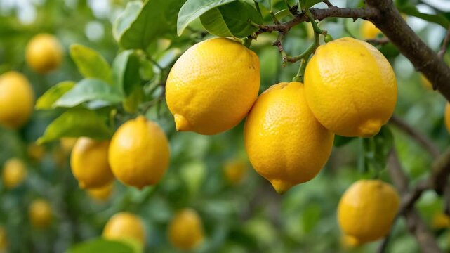 Lemon trees thrive under the sun, bearing vibrant yellow fruit in a lush orchard. The healthy leaves surround the ripe lemons, indicating a fruitful growing season recently
