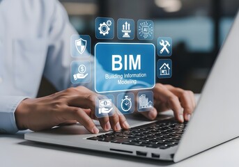 BIM (building information modeling) technology concept. Businessman using computer laptop with l BIM icons on virtual screen.