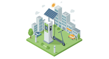 Eco-friendly city scene with solar-powered charging station vector illustration