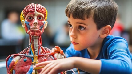 Boy examining anatomical model