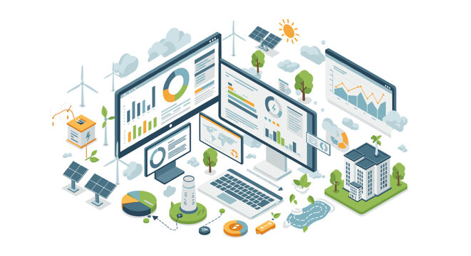 Sustainable energy analytics vector illustration for digital dashboard design in isometric style