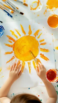 Small child painting a bright sun with yellow tempera paint on a white sheet of paper using a brush, surrounded by other colors and brushes, developing creativity and imagination