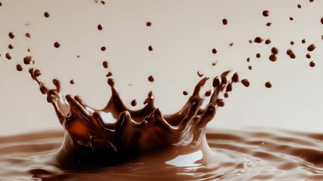 Rich chocolate creates a stunning splash effect as it hits the surface, revealing a captivating dance of droplets and waves. This mesmerizing moment highlights the beauty of fluid dynamics