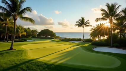 golf course with palm trees and sea