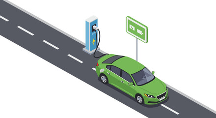 Isometric vector illustration of electric car charging on highway for eco-friendly design