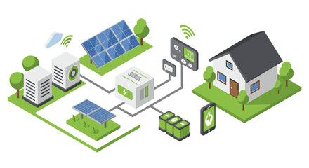 Isometric vector illustration of smart home with solar energy system for eco-friendly living