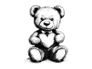 Retro Valentine teddy bear, vintage romantic gift, black line sketch, old engraving style, holiday love decor, trendy illustration, hand-drawn art, antique style gift, sentimental keepsake
