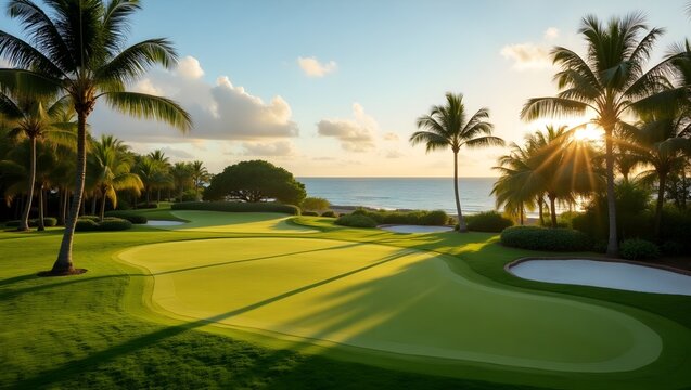 golf course with palm trees and sea