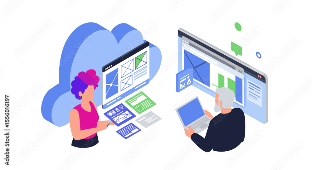 Poster collaborative cloud-based web design and development vector illustration in modern isometric style