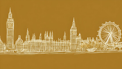 White sketched London skyline on brown Big Ben, Parliament, Eye, and River Thames