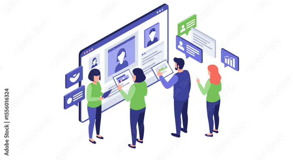 Wall mural collaborative teamwork concept vector illustration in isometric style for digital communication and 