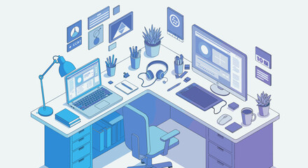 Fototapeta premium Modern workplace setup: isometric vector illustration for creative office design