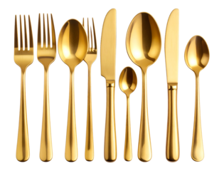 Elegant Gold Cutlery Set with Fork, Knife, and Spoon, isolated on transparent background PNG