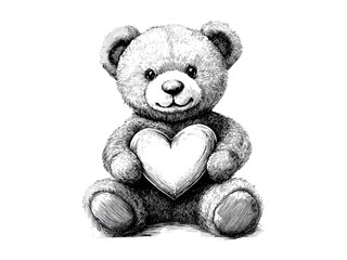 Vintage romantic gift, retro engraved Valentine teddy bear, hand-drawn black line sketch, holiday love decor, old engraving style, trendy illustration, classic love art, nostalgic charm
