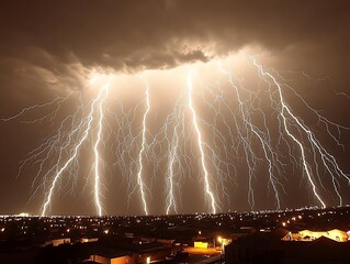 Dramatic view of multiple lightning strikes over illuminated cityscape