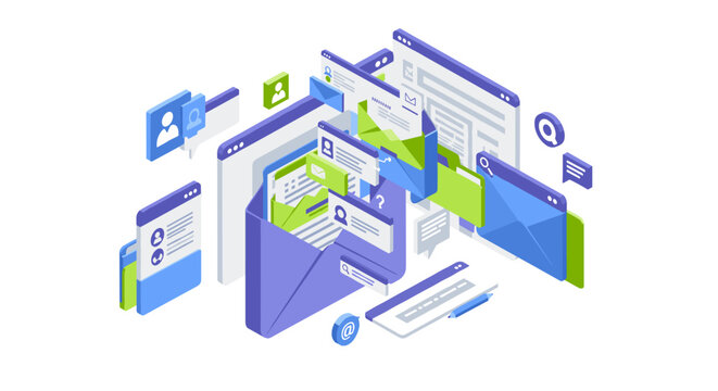 Email communication vector illustration: digital correspondence for web design in isometric style